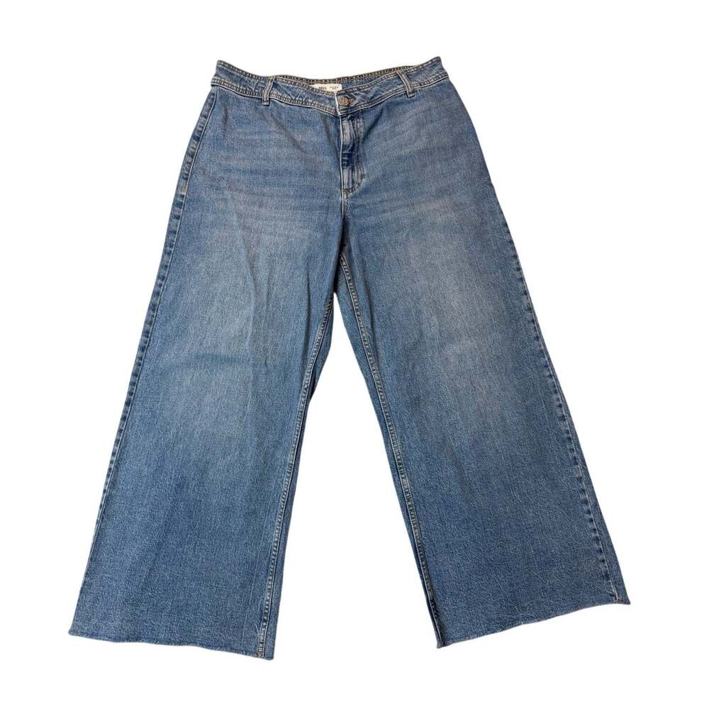 MNG Mango Catherine Wide Leg Jeans High Rise Raw Hem Medium Wash 12